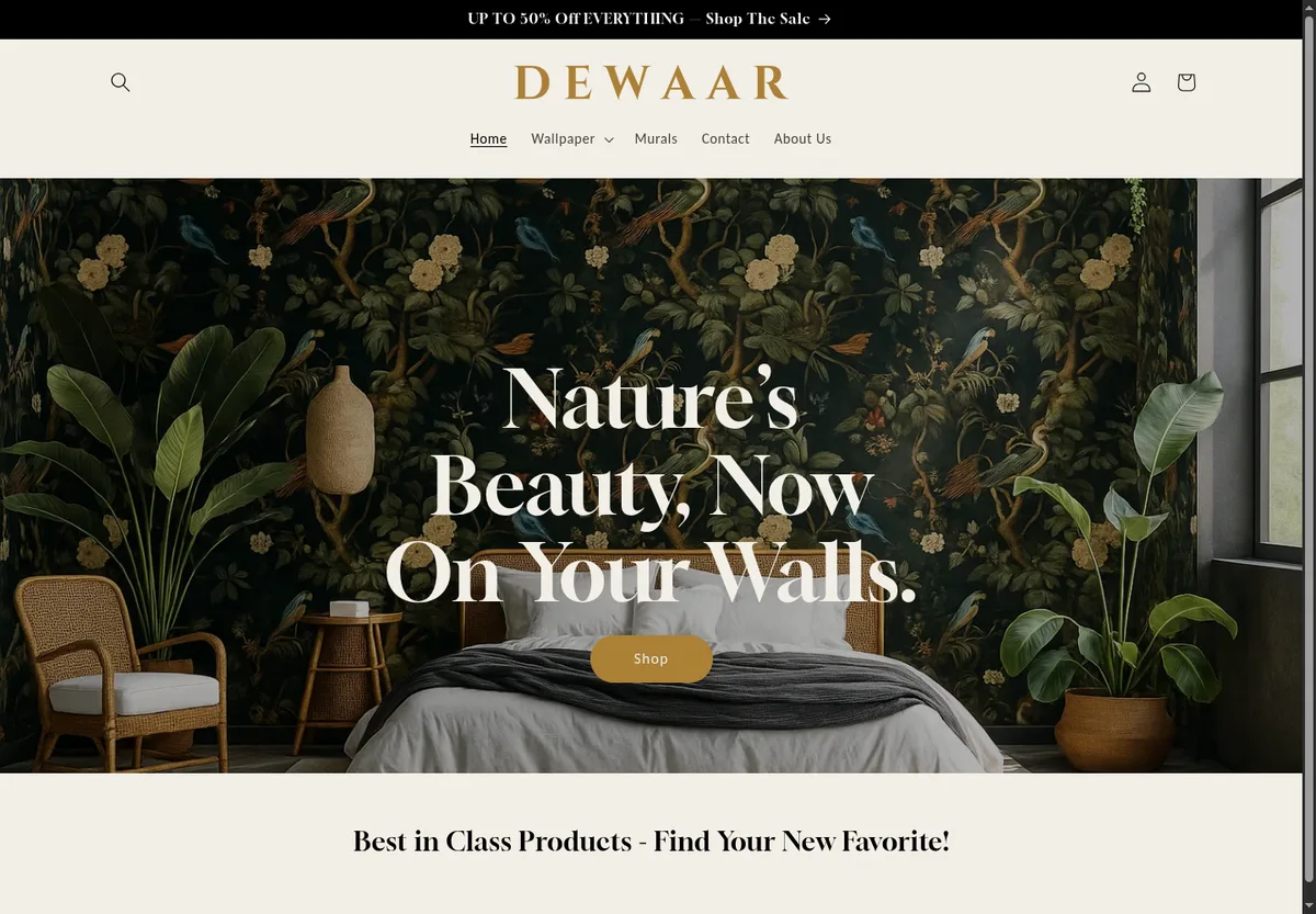 Dewaar storefront hero: botanical wallpaper shown in a styled bedroom