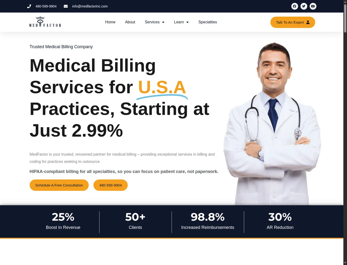 MedFactor Inc. homepage: medical billing hero with revenue statistics band