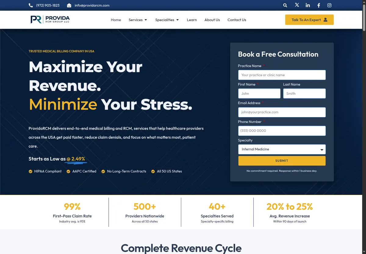 ProvidaRCM homepage: medical billing hero, free consultation form and trust badges