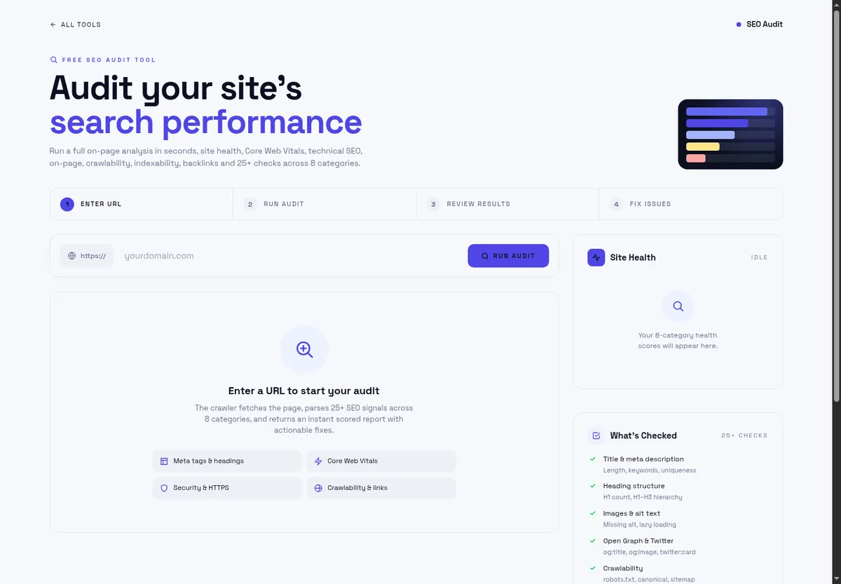 The free SEO audit tool: URL field, site health panel and the list of checks it runs