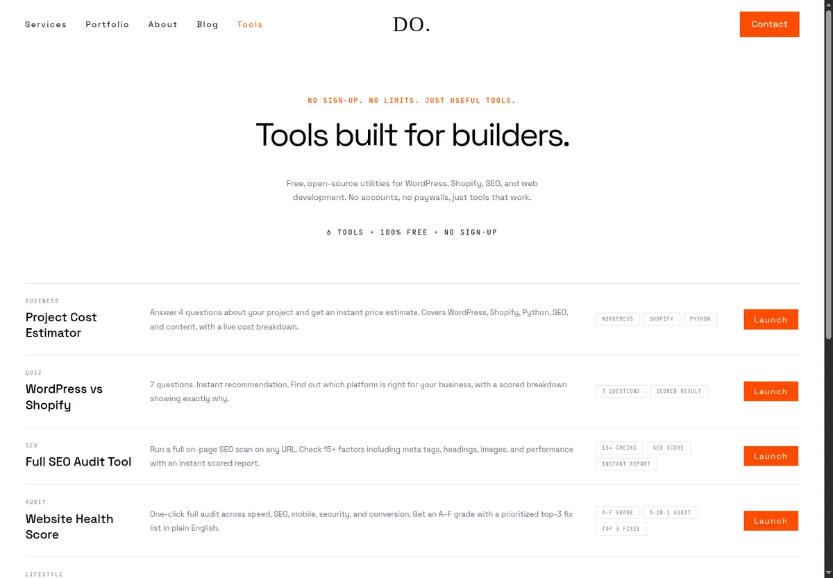 The tools hub listing six free SEO, Shopify and WordPress utilities